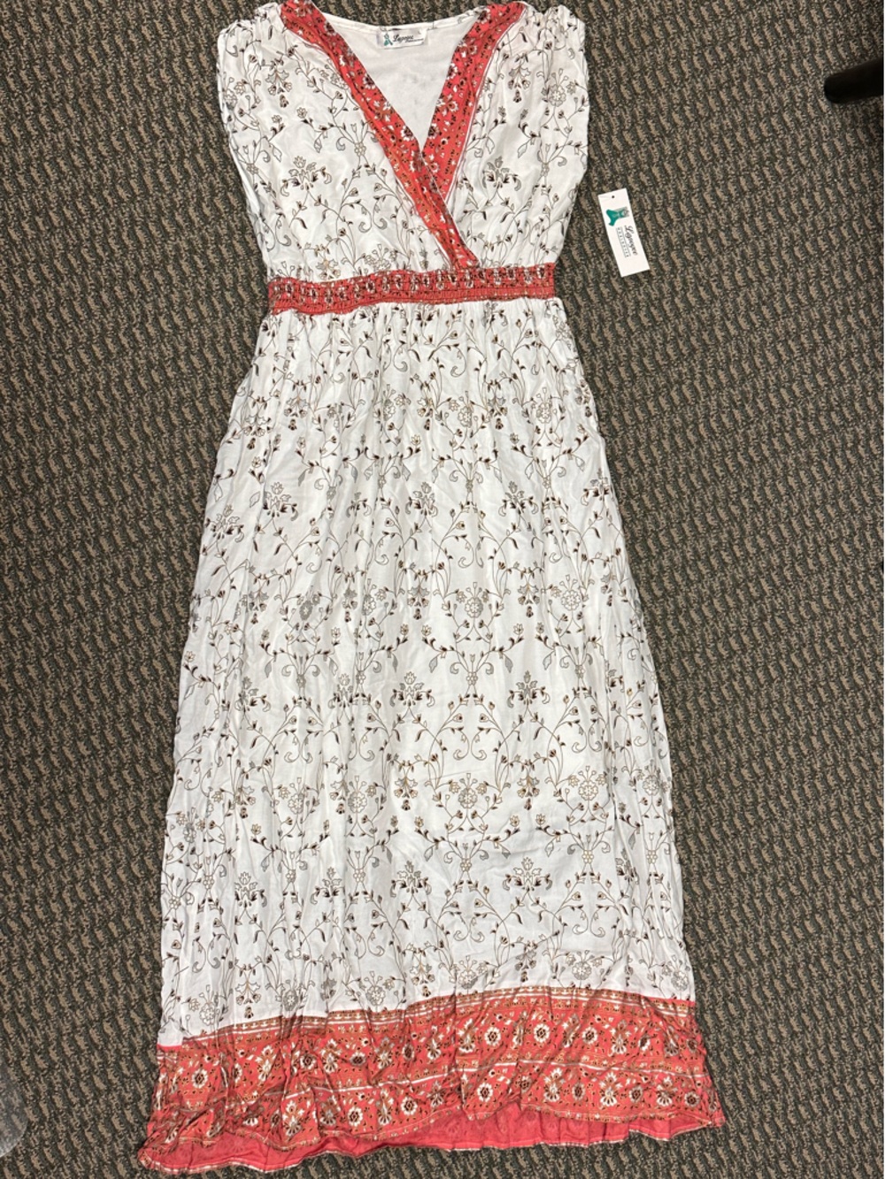 White Floral Dress with Coral Trim
